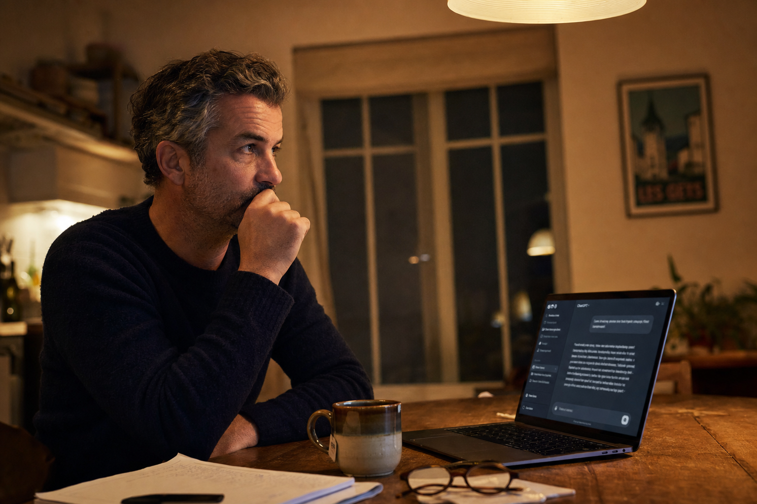 Patron de PME devant son ordinateur, un dimanche soir